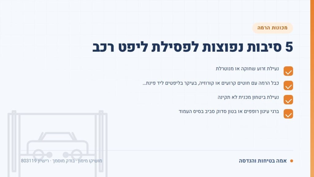בדיקת ליפט רכב: 5 סיבות נפוצות לפסילת ליפט רכב — ליקויים ובדיקות, אמה בטיחות והנדסה