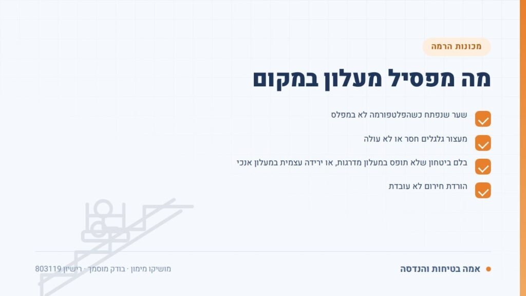 בדיקת מעלון: מה מפסיל מעלון במקום — ליקויים ובדיקות, אמה בטיחות והנדסה