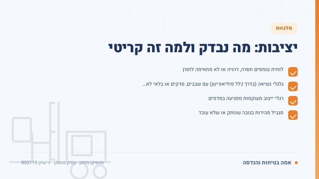 בדיקת מלגזת היגש: יציבות: מה נבדק ולמה זה קריטי — ליקויים ובדיקות, אמה בטיחות והנדסה