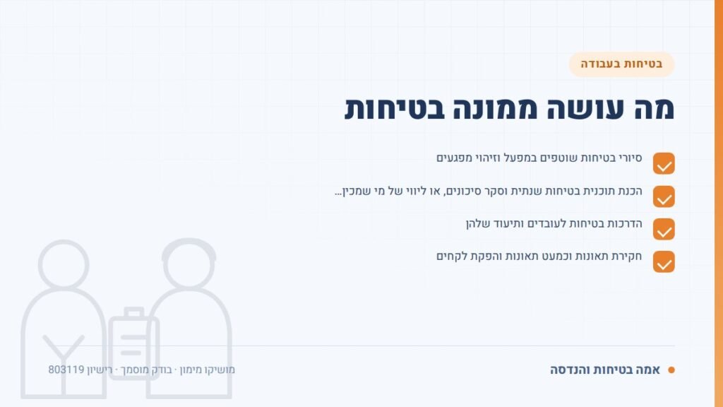 ממונה בטיחות: מה עושה ממונה בטיחות — ליקויים ובדיקות, אמה בטיחות והנדסה