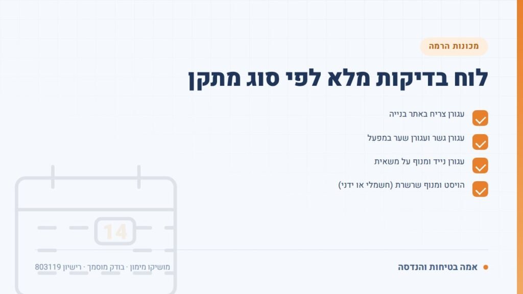 תדירות בדיקת מכונות הרמה: לוח בדיקות מלא לפי סוג מתקן — ליקויים ובדיקות, אמה בטיחות והנדסה
